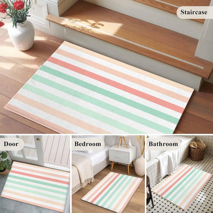 Peach Pink Green Ombre Entryway Area Rug 2'x3', Farmhouse Stripe Modern Indoor Door Mat Non Slip Kitchen Rug Runner, Washable Small Floor Mat Carpet for Bathroom
