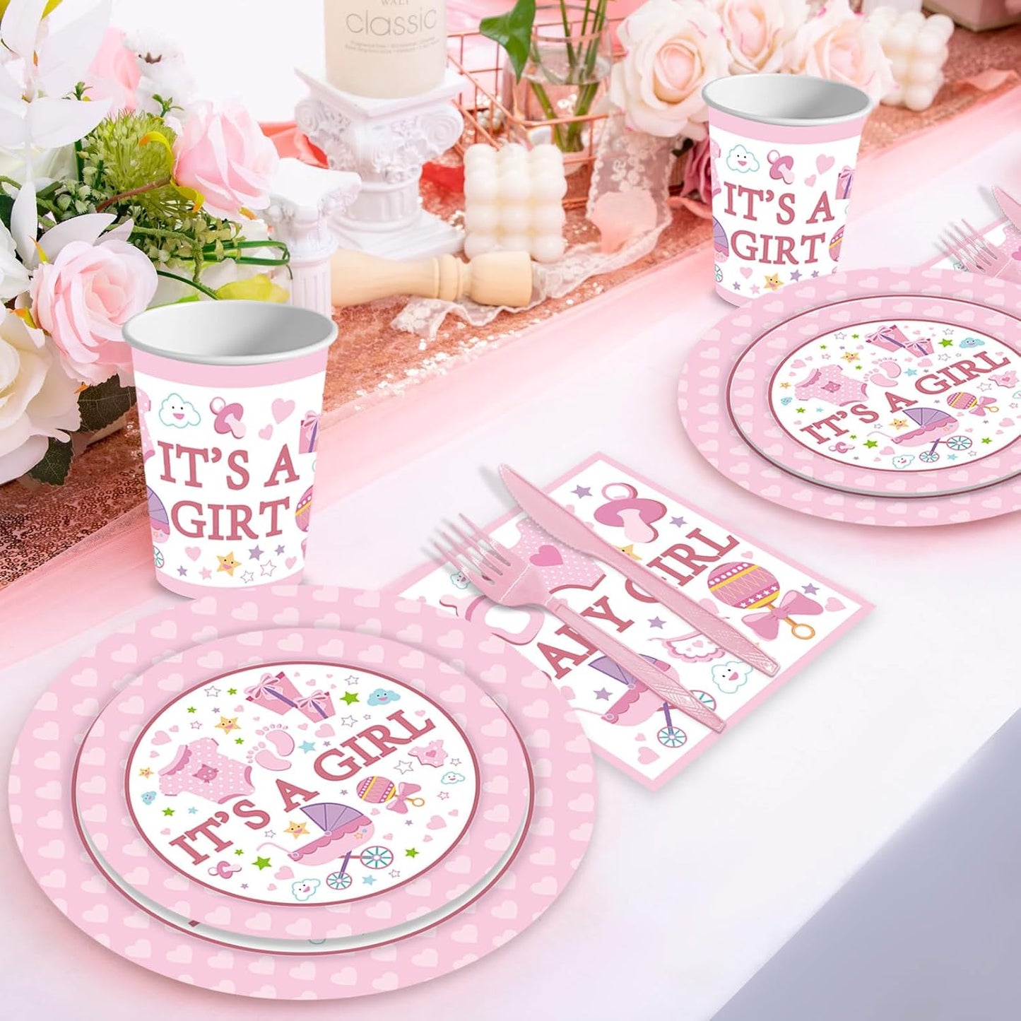 144PCS Gender Reveal Party Supplies Baby Shower Plates and Napkins Tableware Sets Pink Girls Baby Shower Party Decorations Including Paper Cartoon Plates Napkins Cups Forks Serve 24