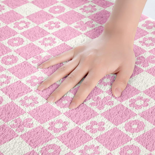 Feelyou Pink Checkered Bathroom Rugs Microfiber 20"x32" Cute Florals Bath Mats Non-Slip Checkerboard Grid Bathroom Accessories Checkerboard Geometric Floor Doormats Soft Door Mat