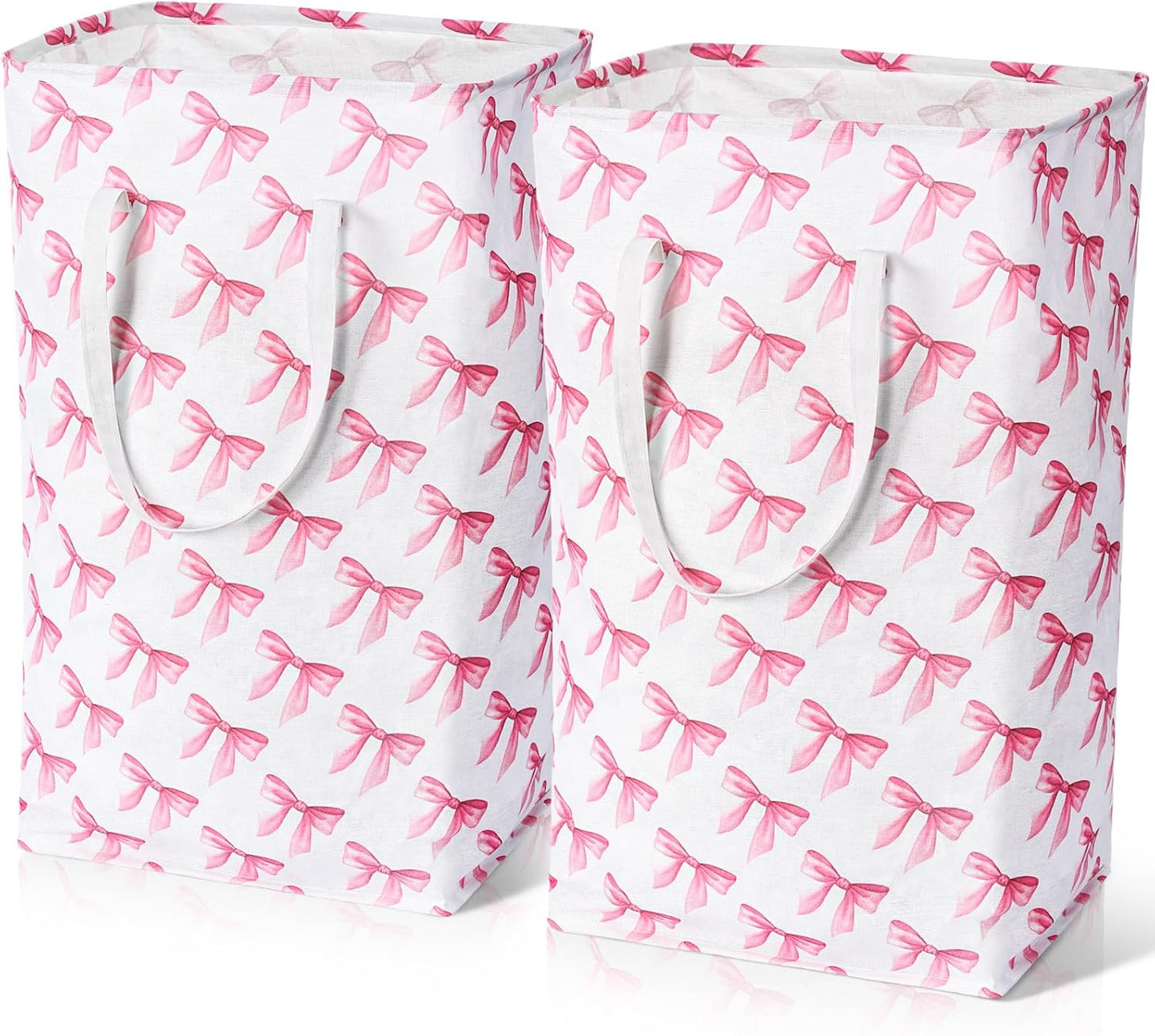 Leinuosen 2 Pcs 80l Large Bow Pink Laundry Hamper Basket with Waterproof Inner Lining, Collapsible Pink Clothes Storage Baskets Bin with Handles for Bedroom, Nursery & Home Organization(Pastel)
