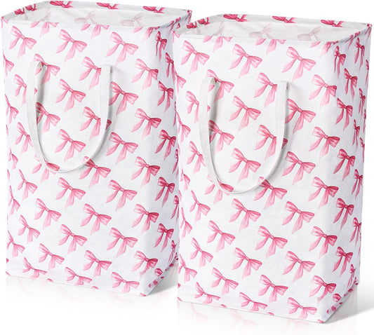 Leinuosen 2 Pcs 80l Large Bow Pink Laundry Hamper Basket with Waterproof Inner Lining, Collapsible Pink Clothes Storage Baskets Bin with Handles for Bedroom, Nursery & Home Organization(Pastel)