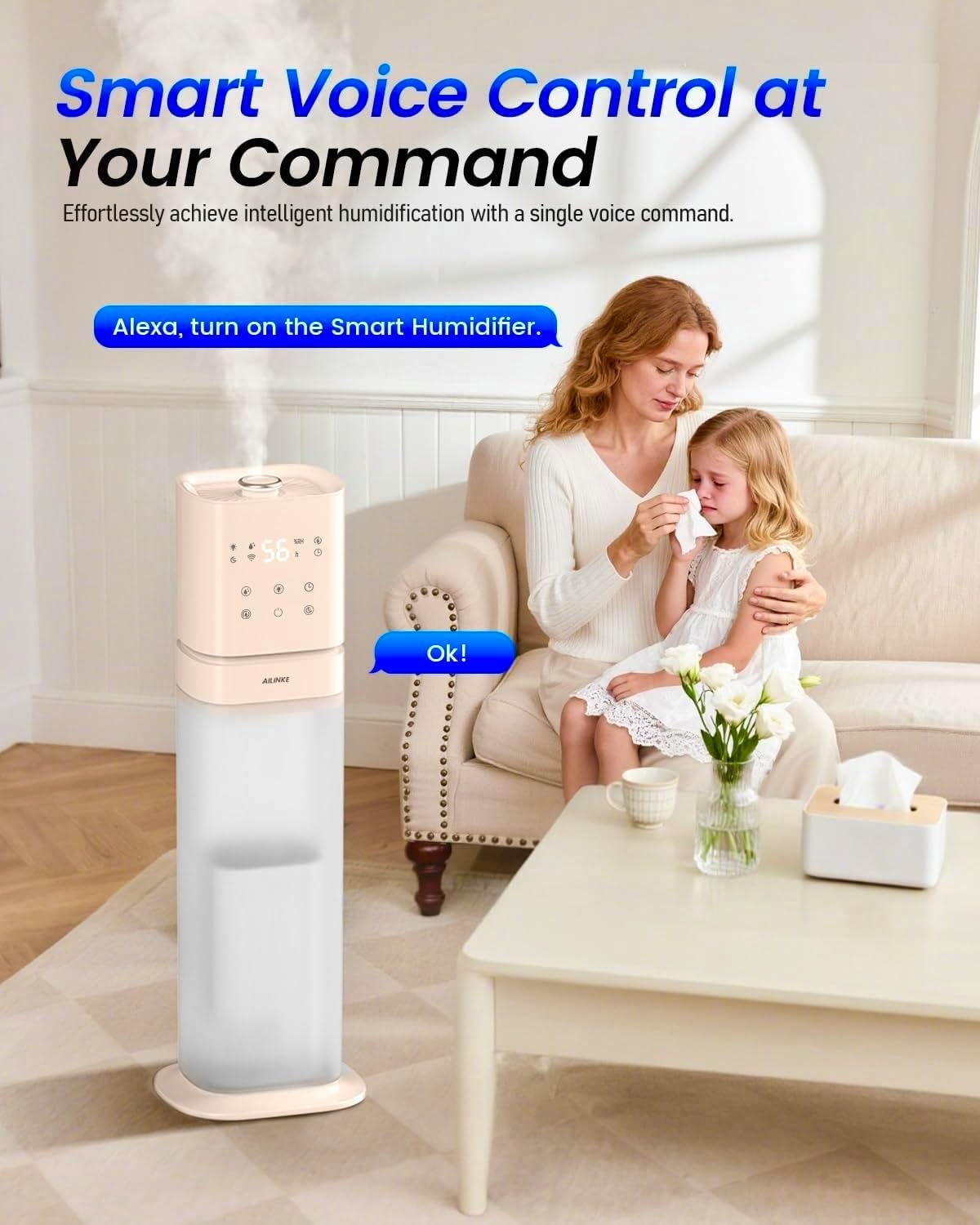 Humidifiers for Bedroom 2.1Gal/8L, Smart Humidifier for Large Room, Cool Mist Humidifiers for Home Kids Baby Plants, Top Fill Humidifier with Extension Tube, WIFI APP & Voice Control, Pink