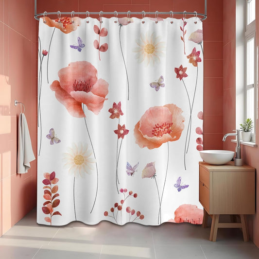 Watercolor Floral Coral Shower Curtain Cute Flower White and Peach Color Shower Curtains for Girls Bathroom Decor, Waterproof Cloth Fabric with Hooks, 70x72 in