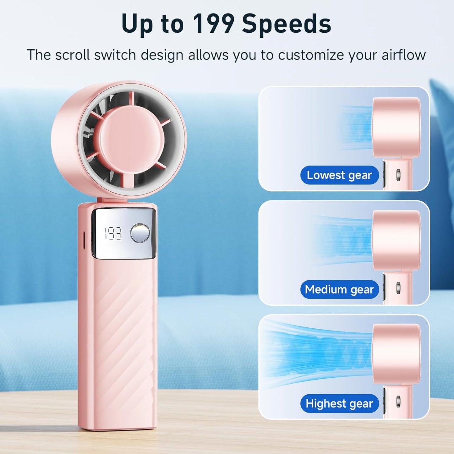 YOSHENMO Portable Handheld Turbo Fan - Foldable Mini Fan with Air Turbo Tech, 1-199 Speed Adjustment, 20H Runtime, LED Display, Battery-Powered for Indoor/Outdoor Use Nude Pink