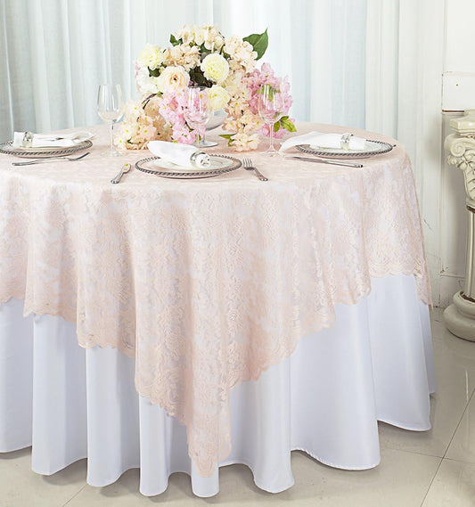 54 in Square Lace Table Overlays, Tablecloths, Table Toppers for Wedding Decorations, Events Banquet Party Supplies (Blush Pink)