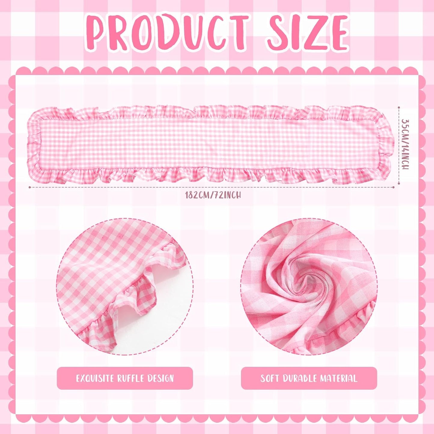 AnyDesign Pink Plaid Gingham Ruffle Table Runner 13.8 x 72 Inch Farmhouse Table Cover Cotton Scallop Edge Decor for Birthday Wedding Kitchen Rustic Home Table Decor