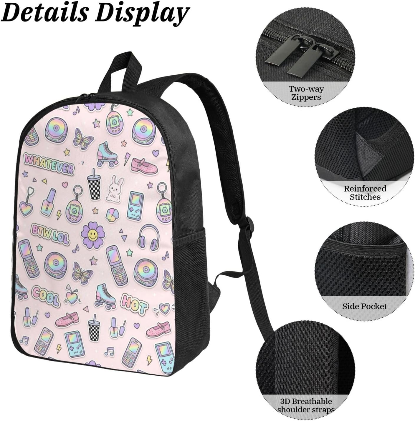 Y2K Pastel Sticker Flip Phone Roller Skate Butterfly Light Pink Seamless Pattern 17 Inch 3Pcs Backpack Set, 600D Oxford Cloth Travel Backpack, Insulated Lunch Bag & Pencil Pouch
