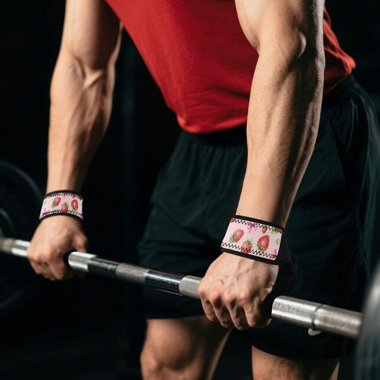 Strawberries Flowers Bow Pink Print Lifting Wrist Straps for Weightlifting Powerlifting Anti Slip Deadlift Straps with Neoprene Padding Hand Grip Wraps for Gym Workout Strength Training Bodybuilding