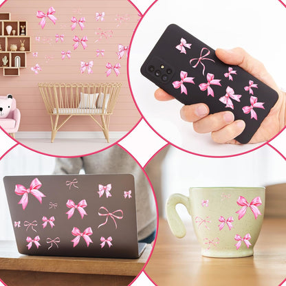 8Sheet/46PCS Pink Bow Wall Stickers, Bow Wall Decals for Bedroom and Bathroom, Bows Wallpaper for Valentine's Day Girls Party Home Bedroom Nursery