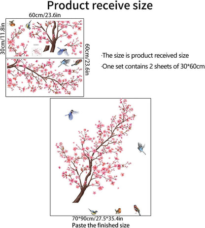 Pink Blossom Tree Wall Decals Birds on Branch Wall Stickers Pink Floral Wall Decor Flower Wall Decals for Bedroom Living Room Girls Room Nursery Office(Pink Blossom Tree)