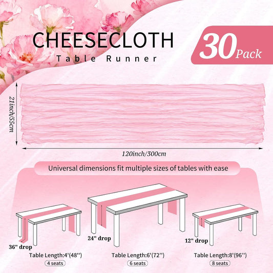 30 Pack Cheesecloth Table Runner 10FT Light Pink Table Runner Boho Gauze Cheese Cloth Table Runners Long Rustic Sheer Table Decorations for Wedding Party Baby Bridal Shower Birthday Holiday Home