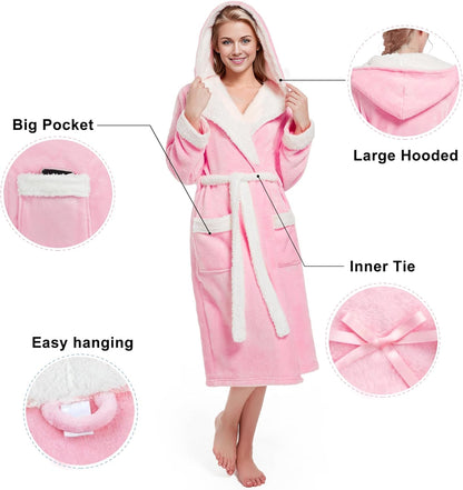 Inner Wish Women Hooded Plush Robe, Fleece Highly Absorbent Cozy Warm Bathrobe