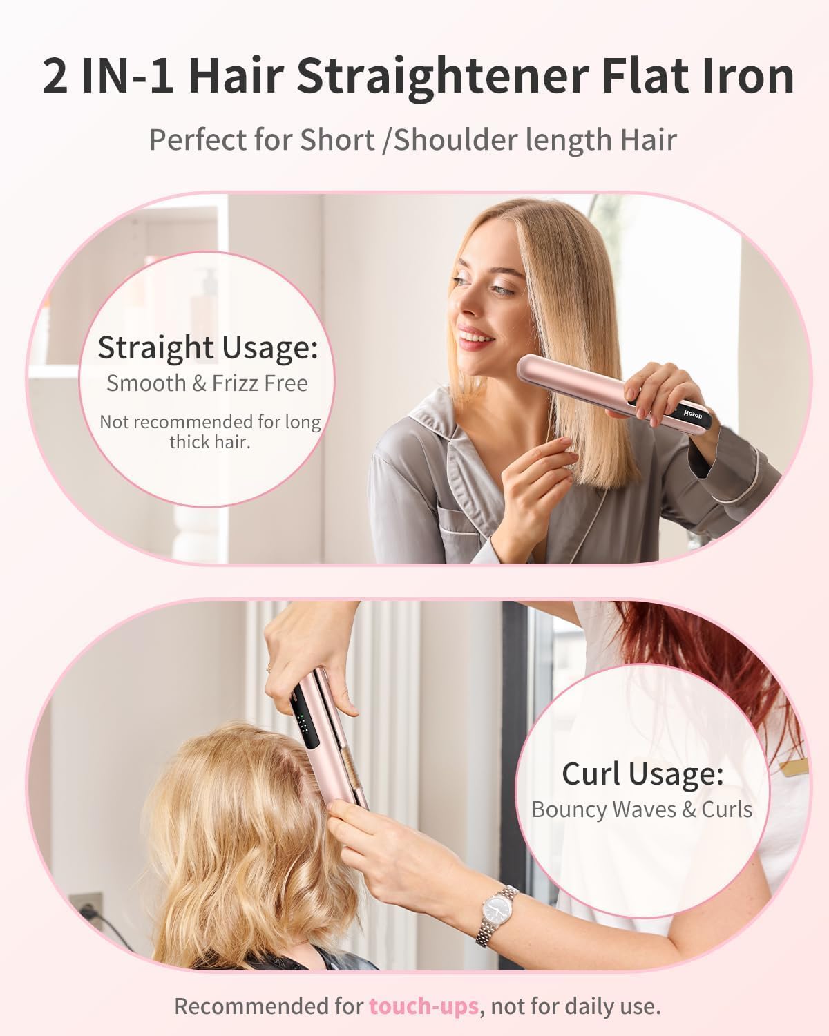 Cordless Hair Straightener,Portable Mini Flat Iron Travel for Bangs,Short Hair, Rechargeable Curling Iron and Curler 2 in 1,Pink,for Touch Ups