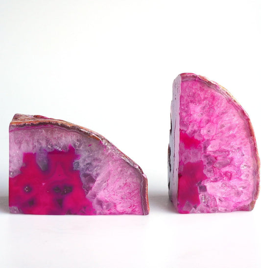 Geode Bookends Agate Decor Book Ends Unique Crystal Bookend Dyed Pink for Home Decorative 1 Pair 2-3 Lbs