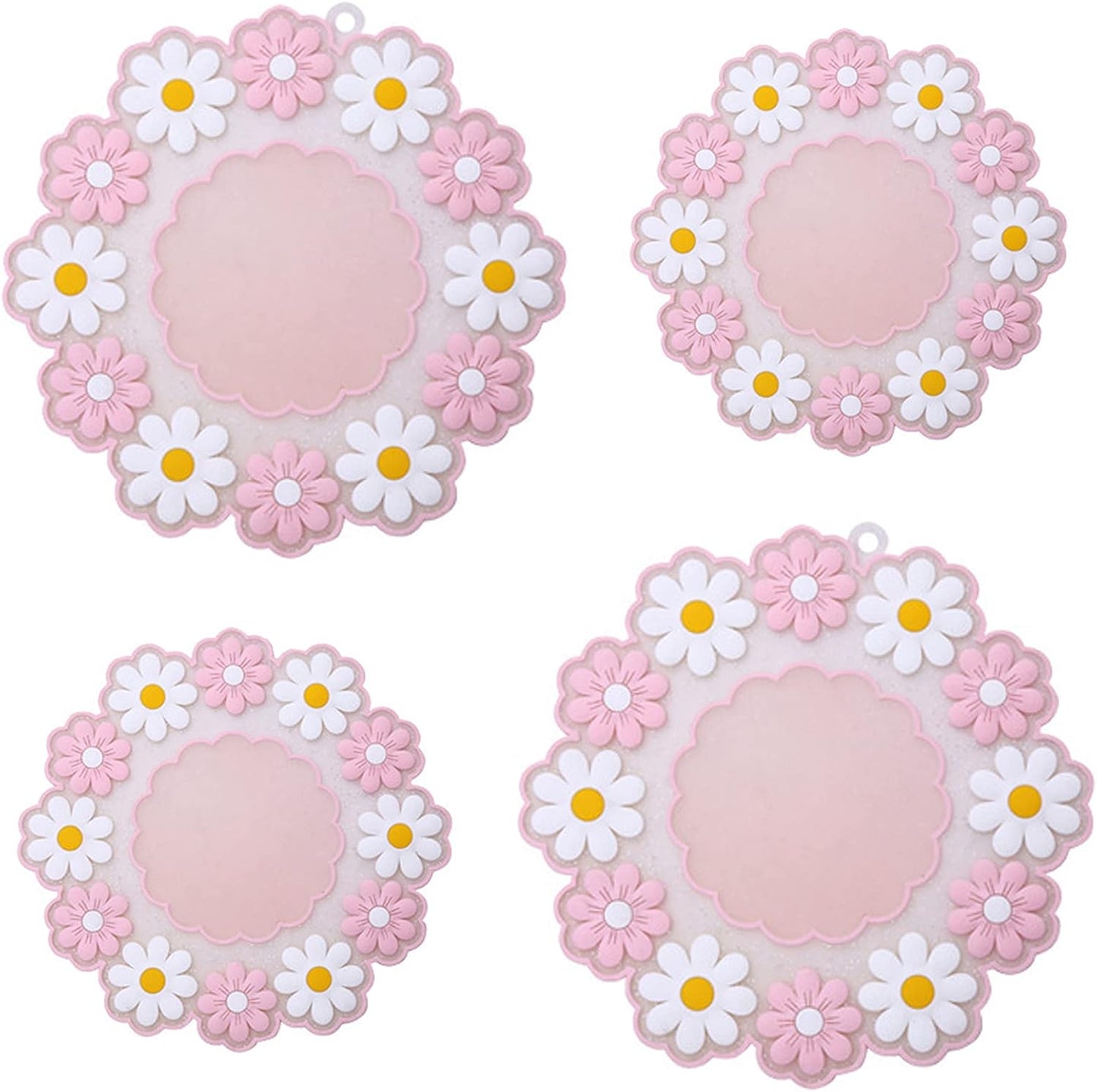 Xeahung 4 Pack Flower Silicone Coasters with Holder - 4 & 6 Inch Sizes, Heat Resistant, Dishwasher Safe, Pink
