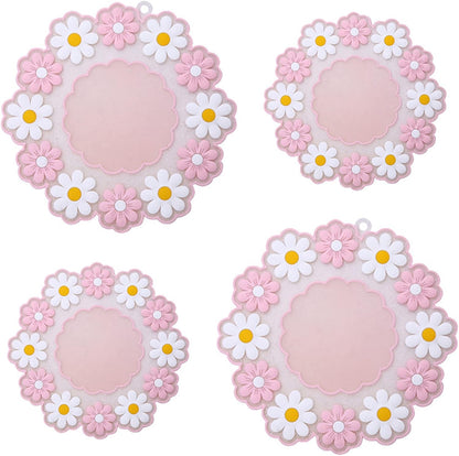 Xeahung 4 Pack Flower Silicone Coasters with Holder - 4 & 6 Inch Sizes, Heat Resistant, Dishwasher Safe, Pink