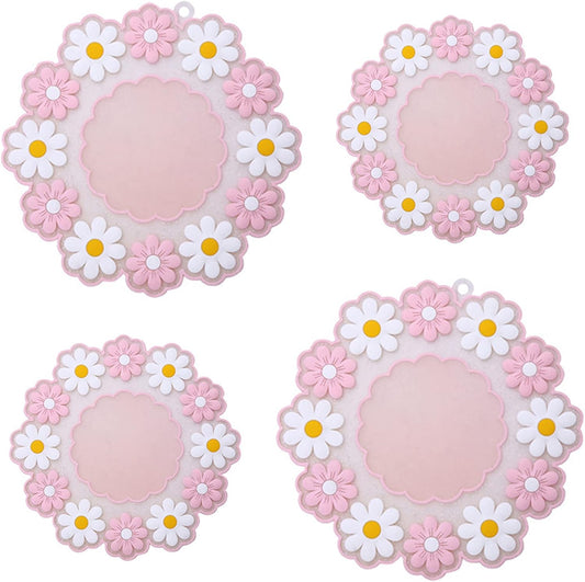 Xeahung 4 Pack Flower Silicone Coasters with Holder - 4 & 6 Inch Sizes, Heat Resistant, Dishwasher Safe, Pink