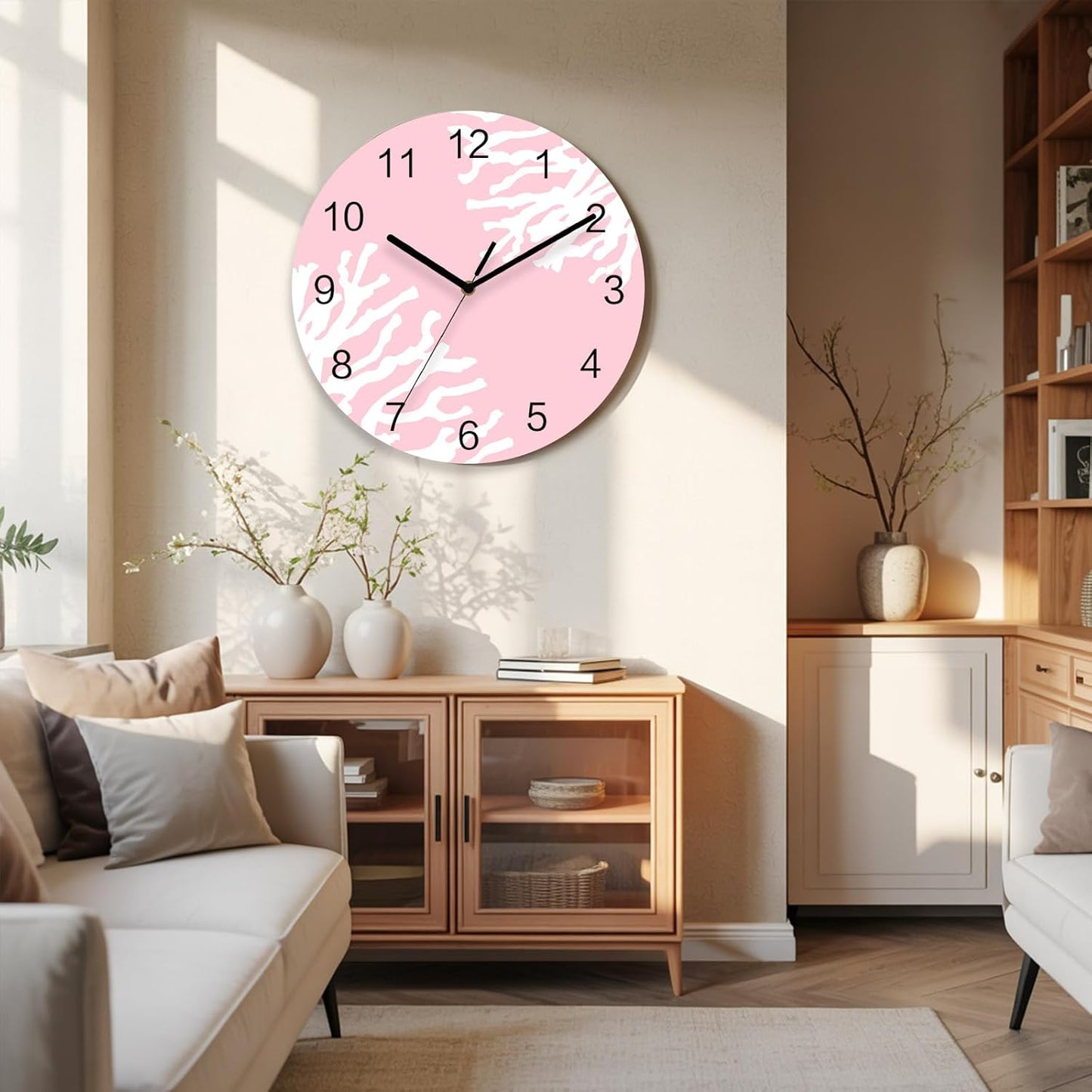 Ocean Wall Clock Battery Operated Non-Ticking 10" Round Wood Clocks, Coral Texture Marine Pink Kitchen Wall Clock for School Bathroom Living Room Home Office Wall Decor