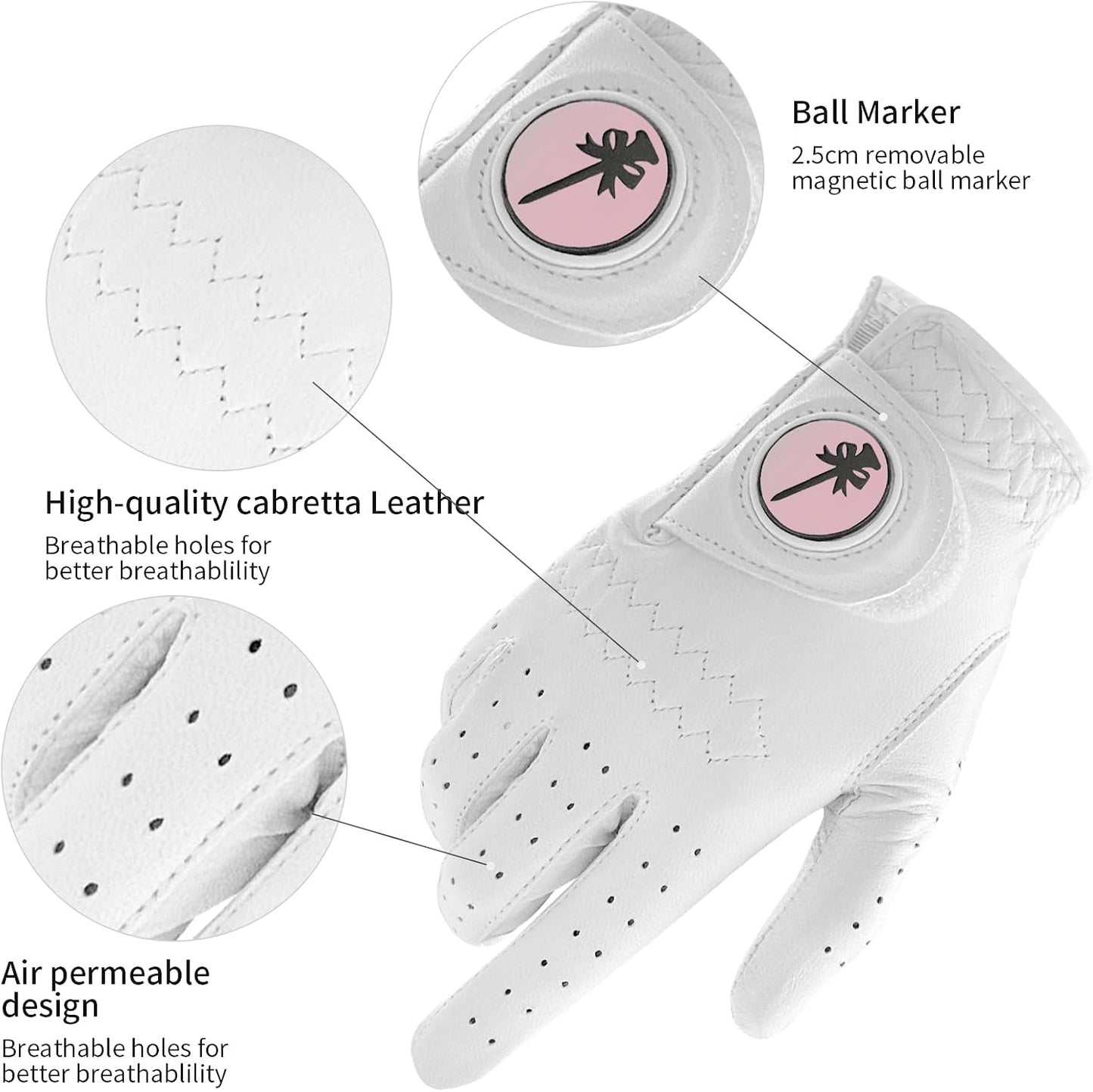 PINKTEE Women's Golf Glove Left Hand Ladies Pink Cabretta Leather Golf Gloves with Removable Magnetic Ball Marker Full Finger