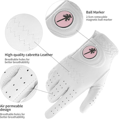 PINKTEE Women's Golf Glove Left Hand Ladies Pink Cabretta Leather Golf Gloves with Removable Magnetic Ball Marker Full Finger