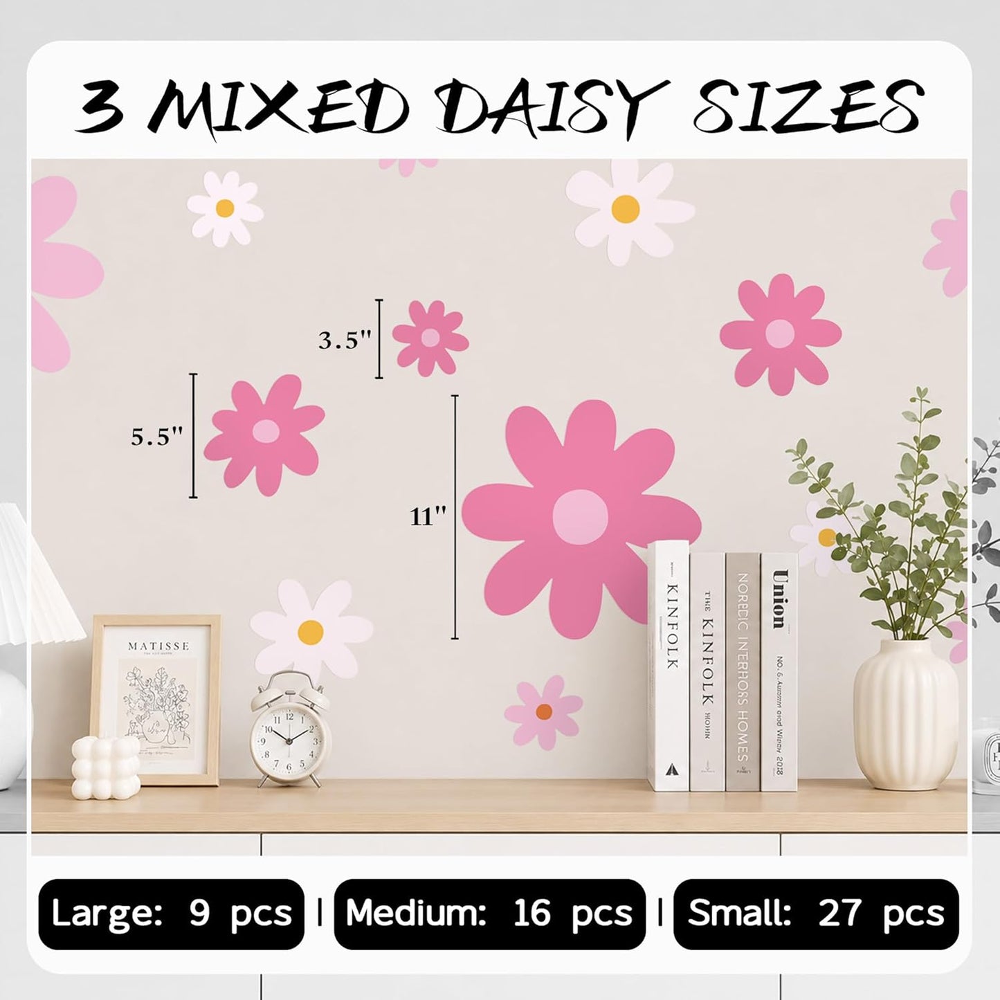 AOWDIAO Large Daisy Wall Decals – 52 Pcs Pink Peel and Stick Flower Wall Stickers for Bedroom & Nursery Decor