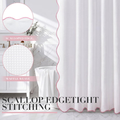 Scalloped Waffle Shower Curtain with 12 Metal Hooks Thick Weighted Fabric Wrinkle and Rust Resistant Heavy Duty Long Curtains for Bathroom Showers Bath Tubs Machine Wash, 72x72 in (Pink)
