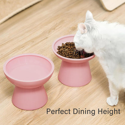 CEEFU 2 Elevated Cat Bowls Extra Wide for Food & Water – Whisker Fatigue, Ceramic Wide Shallow Food Dish, Lead & Cadmium Free, Raised Height for Cats, Pink