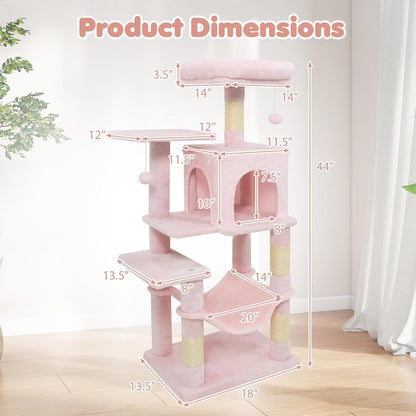 Tangkula Pink Cat Tree, 44 Inch Multi-Level Cat Tower with Sisal Scratching Posts, 2-Door Condo, Padded Top Perch & Hammock, 2 Hanging Balls, Jumping Platforms for Indoor Cats (Pink)