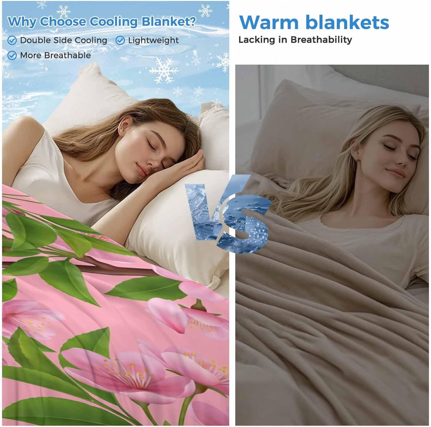 Cooling Blanket for Hot Sleepers, Pink Peach Flowers Lightweight Breathable Summer Blanket, Spring Botanical Watercolor Floral Leaf Double-Side Cool Throw Blankets for Sleeping Travel, 30"x40"
