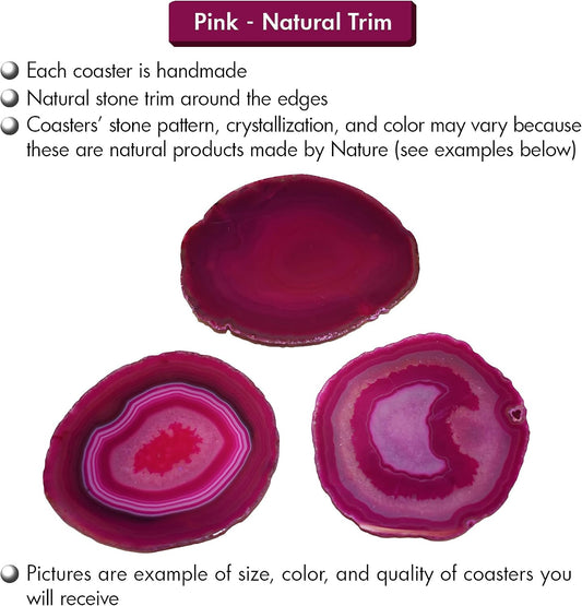 Nature's Decorations Pink Agate Stone Coasters - Set of 4, Polished Geode Drink Mats for Dining & Coffee Table & Kitchen Geode Decor Non-Toxic 3.5-4" Diameter
