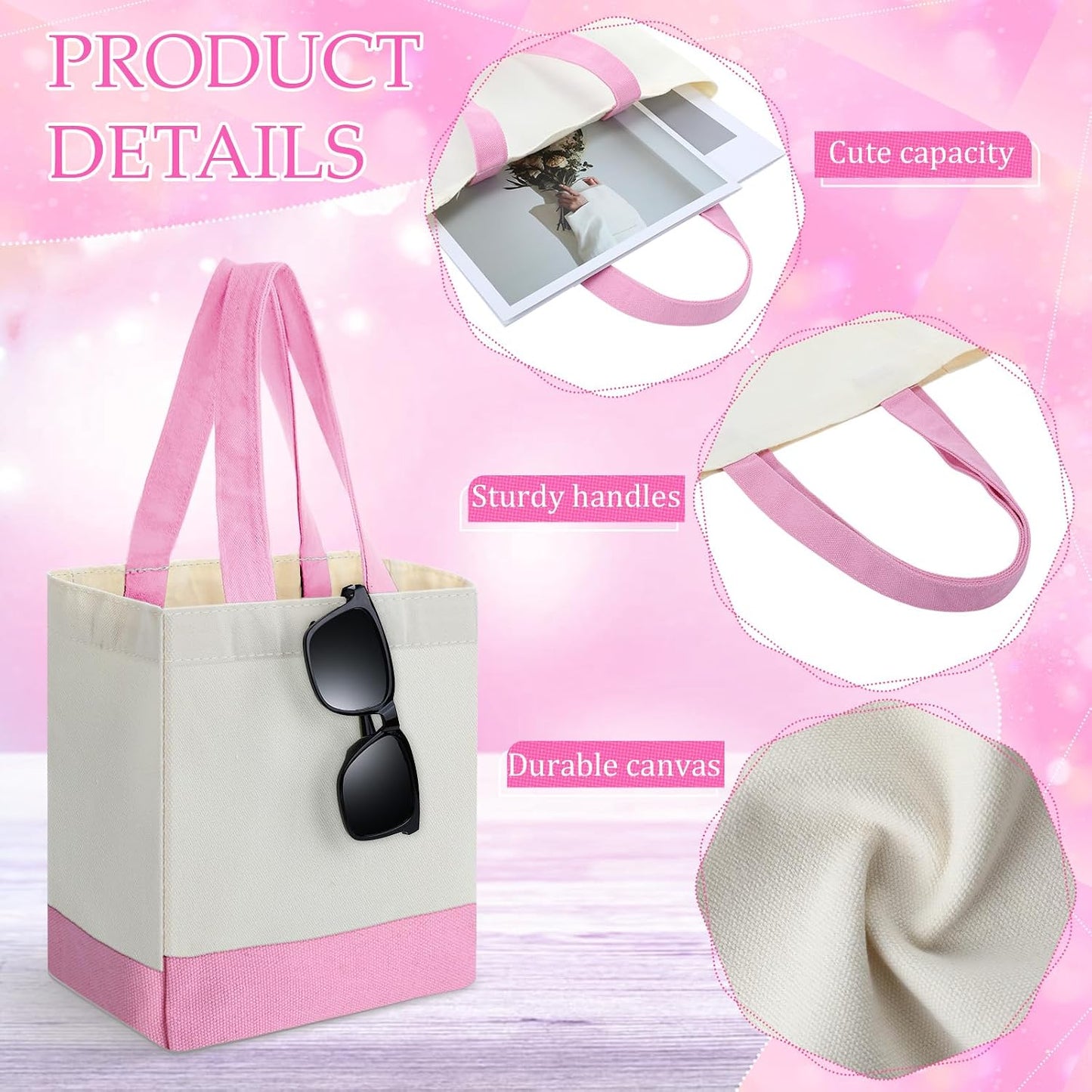 Sanwuta 12 Pack Mini Canvas Tote Bag 8'' x 4'' x 10'' Small Sublimation Blank Canvas Bags Reusable Tote for Christmas Crafts DIY Party Gifts (Pink)