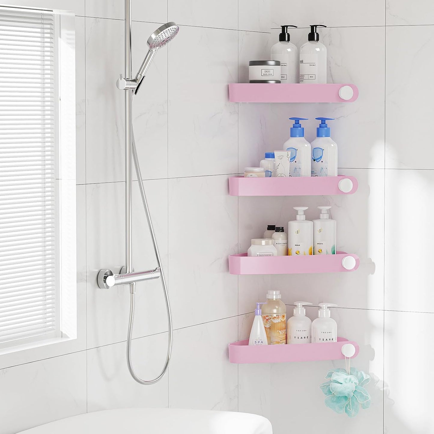 Sotfamily Plastic Shower Caddy Corner (for 90° Only), 4 Pack Adhesive Corner Shower Shelves for Bathroom Organizers and Storage, Pink