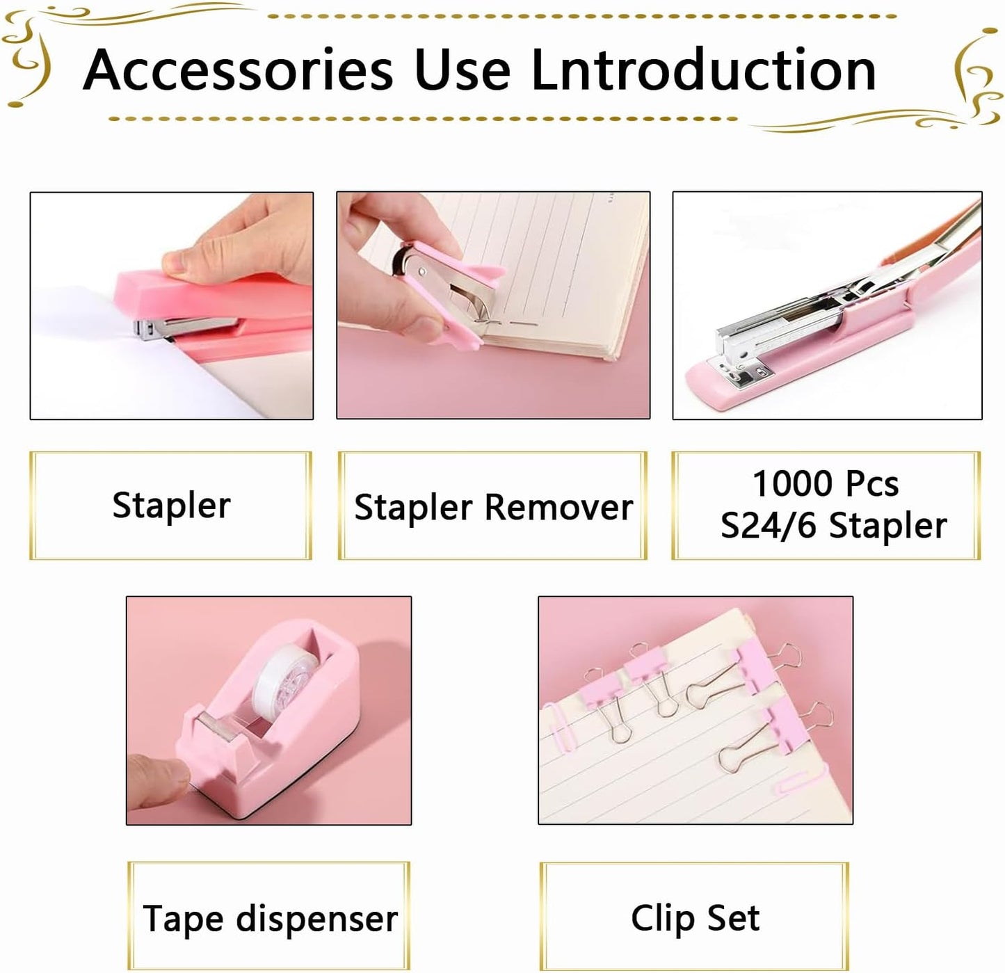 Office Supplies,Pink Desk Accessories, Stapler and Tape Dispenser Set for Women with Stapler,Tape Dispenser,Staple Remover,Staples,Clips,Scissors and Tabs,Gift for Students,Coworkers,Teacher,Business