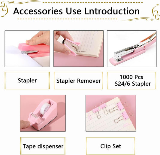 Office Supplies,Pink Desk Accessories, Stapler and Tape Dispenser Set for Women with Stapler,Tape Dispenser,Staple Remover,Staples,Clips,Scissors and Tabs,Gift for Students,Coworkers,Teacher,Business