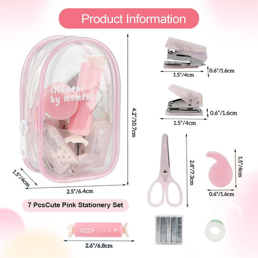 7Pack Mini Office Supply Kit Mini School Supplies Kit with Cute Case Scissors Hole Punch Highlighter Stapler with Staples and Staple Remover for Students (Pink)