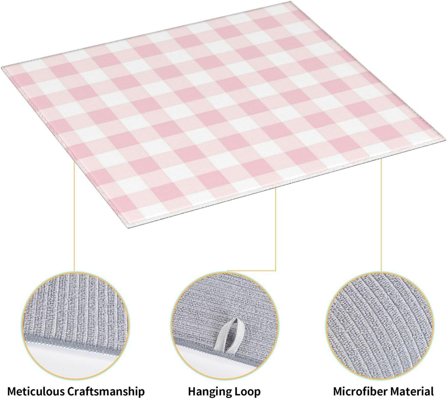 Pink Checkboard Print Microfiber Dish Drying Mat for Kitchen Counter 16x18 in Super Absorbent Drying Pad for Countertops, Sinks, Draining Racks with Hanging