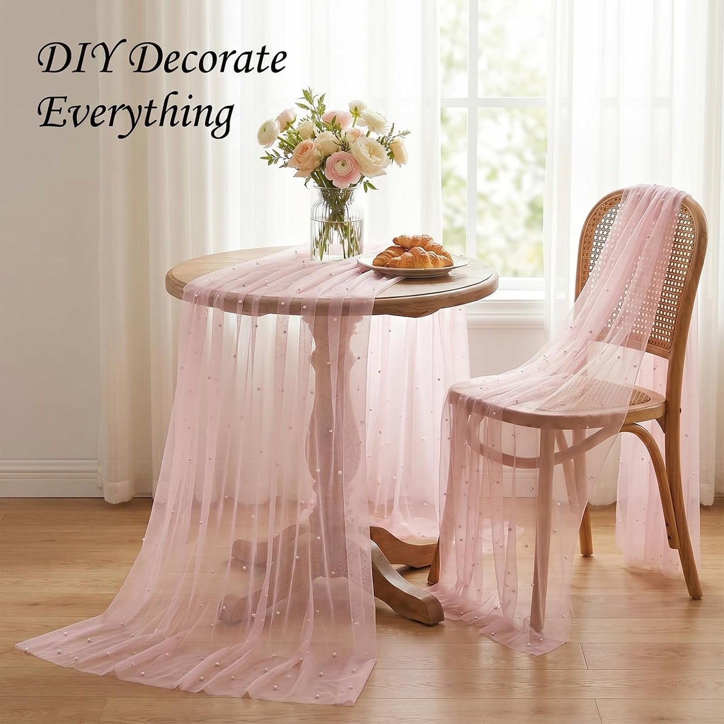 Pink Pearl Table Runner, 30x120 Inch Tulle Fabric Lace Table Runner, Boho Romantic Table-Runners with Pearls, Gauze Table-Runners for Bridal Shower, Birthday Party, Wedding, Dining and Baby Shower