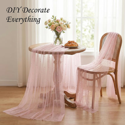 Pink Pearl Table Runner, 30x120 Inch Tulle Fabric Lace Table Runner, Boho Romantic Table-Runners with Pearls, Gauze Table-Runners for Bridal Shower, Birthday Party, Wedding, Dining and Baby Shower