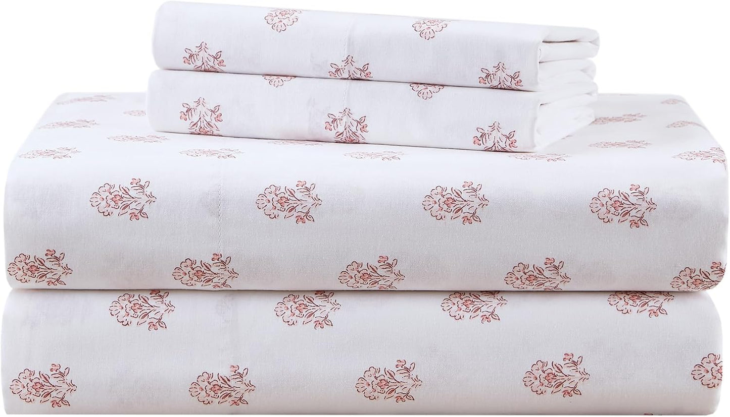 Comfort Spaces 100% Cotton Sheets Queen, Breathable, Naturally Cool Cotton Sheets, Cotton Bed Sheets with 14" Elastic Pocket Fits up to 16" Mattress, All Seasons Sheet Set, Floral Pink 4 Piece