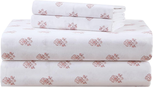 Comfort Spaces 100% Cotton Sheets Queen, Breathable, Naturally Cool Cotton Sheets, Cotton Bed Sheets with 14" Elastic Pocket Fits up to 16" Mattress, All Seasons Sheet Set, Floral Pink 4 Piece