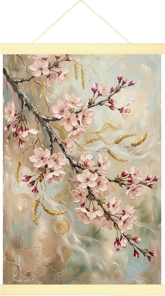 Cherries Blossom Canvas Hanging Poster Wall Art, Floral Romantic Branch Leaves Spring Peach Wall Hanging Posters Home Classroom Office Cubicle Decor 16x24 Inches