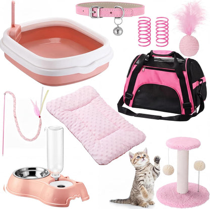 Eccliy Kitten Starter Kit, 10 Pcs Cat Starter Kit for Indoor Cats Kitten Essentials Includes Litter Box, Pet Toy, Folding Carrier, Climbing Frame, Mat, Collar, Automatic Food Bow(Classic,Pink)