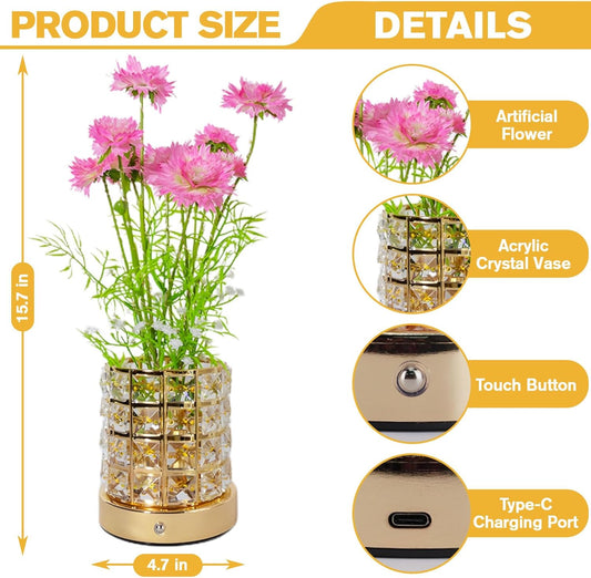 Flower Table Lamp, 3 Colors Dimmable Cornflower Artificial Flower Lamp, Cordless Touch Desk Lamp Night Light, Fake Bouquet with Crystal Vase Lamps for Home Date Party Decoration (Pink-Cornflower)