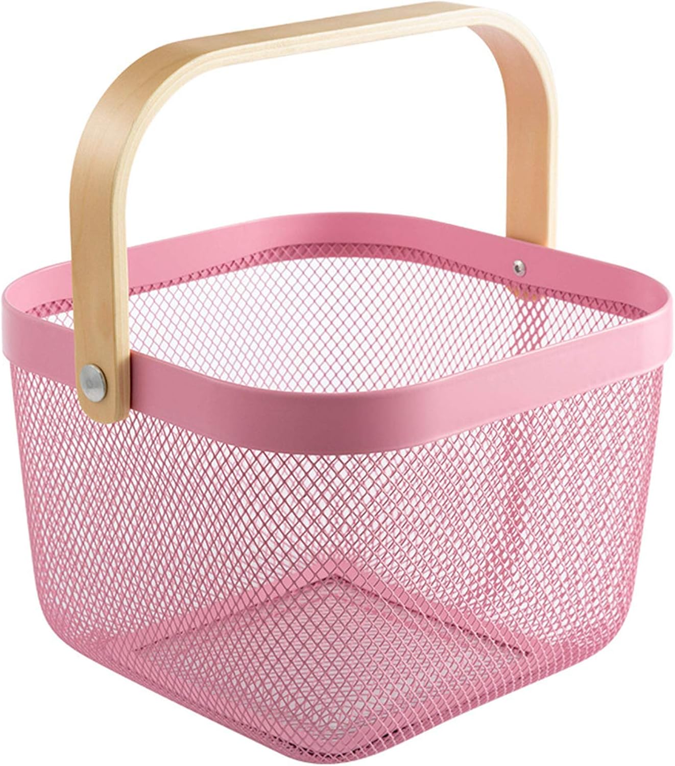 AJIODA Metal Mesh Steel Basket, Storage Organizer Basket Multi-functional Hanging Kitchen Baskets Fruit Basket Bin with Bamboo Handle for Kitchen Bathroom Picnic Shopping Decor Cabinet Home, Pink