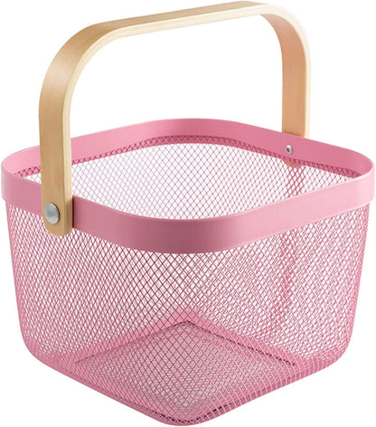 AJIODA Metal Mesh Steel Basket, Storage Organizer Basket Multi-functional Hanging Kitchen Baskets Fruit Basket Bin with Bamboo Handle for Kitchen Bathroom Picnic Shopping Decor Cabinet Home, Pink