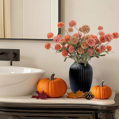 Geegoods Fall Faux Pompon Mum Flowers – 10 Stems, 21” Long Burnt Orange Brown Pink Orange Artificial Flowers with 2 Eucalyptus Stem for Vase, Rustic Autumn Centerpieces & Fall Home Décor