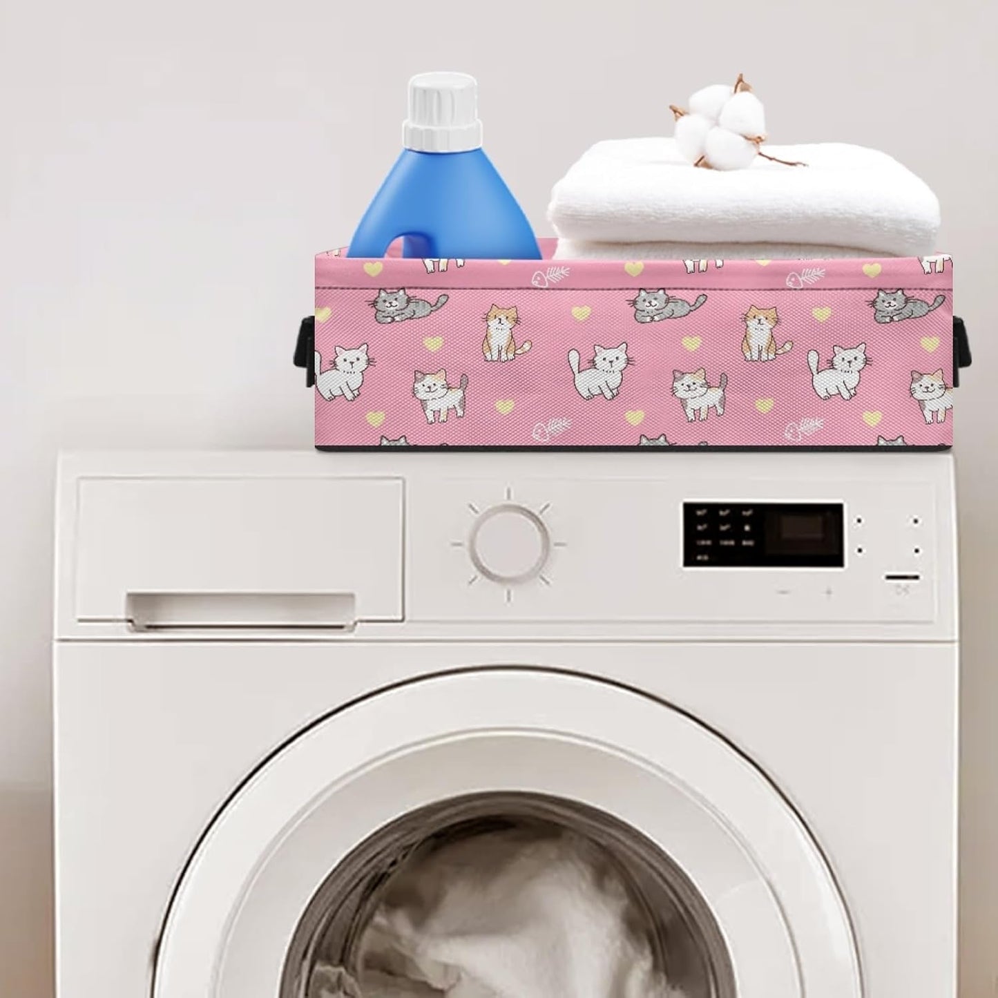 Cute Cat Toilet Paper Storage Basket for Shelf,Heart Toilet Paper Organizer for Bathroom Pink Toilet Paper Bin with Handle for Bedroom Toilet Paper Caddy for Living Room