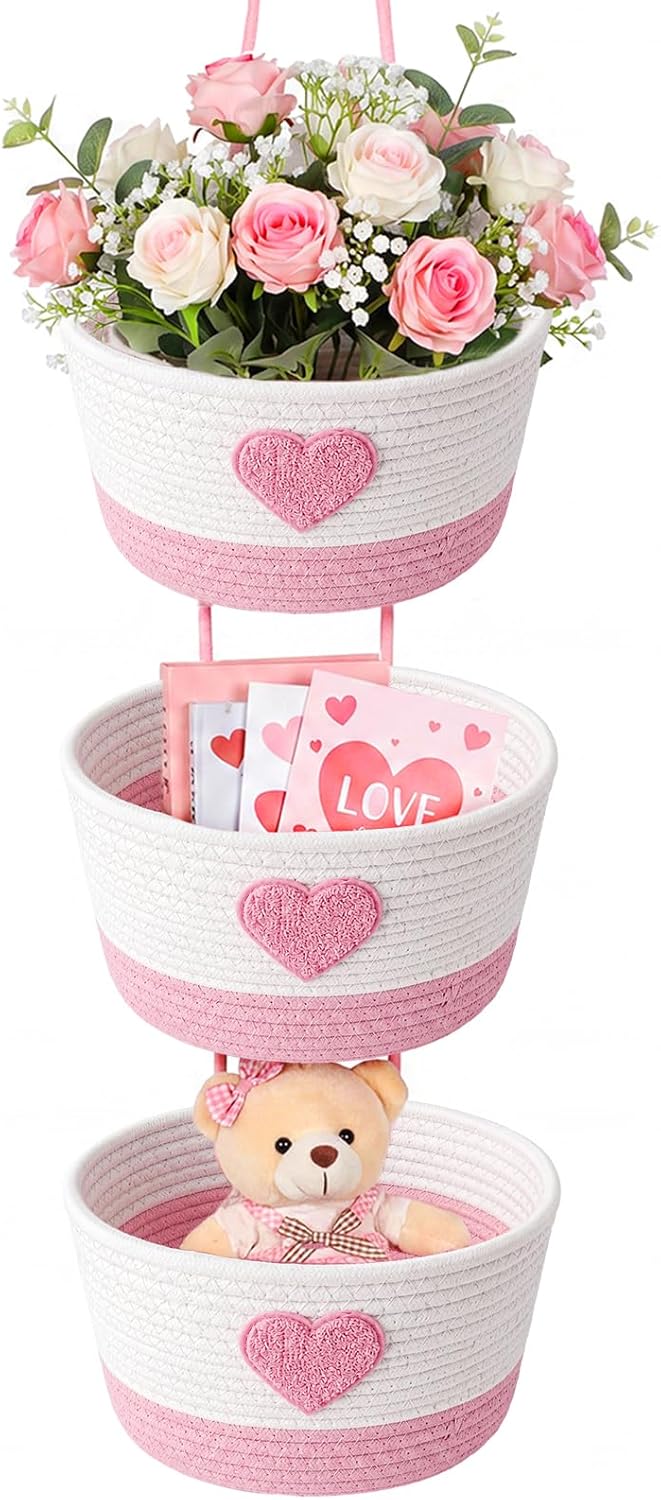 3-tier Heart Theme Cotton Rope Hanging Basket Organizer, Wall Storage Bin with Hooks, Pink White over Door Decorative Nursery Closet Hanging Accessories
