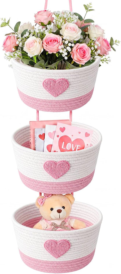 3-tier Heart Theme Cotton Rope Hanging Basket Organizer, Wall Storage Bin with Hooks, Pink White over Door Decorative Nursery Closet Hanging Accessories