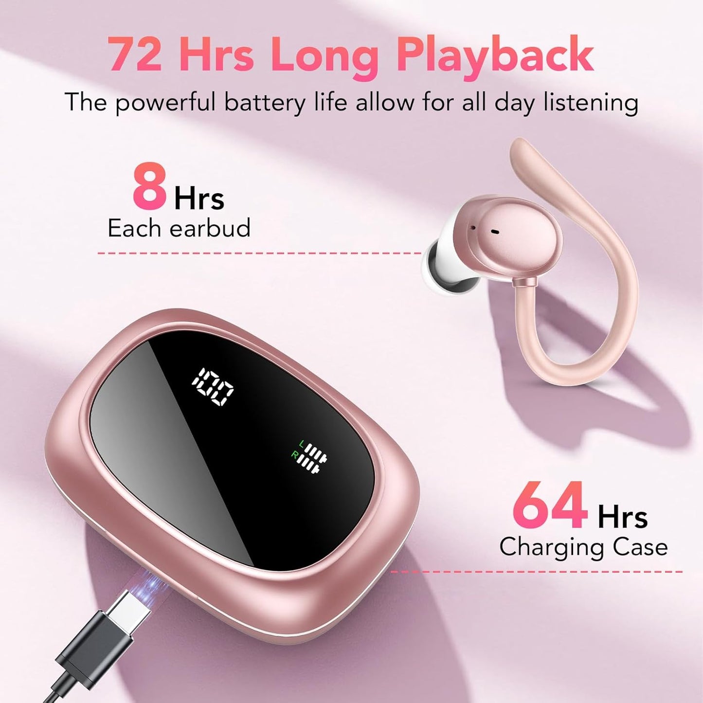 KT1 Bluetooth Headphones Wireless Earbuds 72hrs Playtime Wireless Charging Case Digital Display, Ear Buds with Earhook,IPX7 Waterproof, Deep Bass 2.0,Over-Ear Earphones for Sport Running